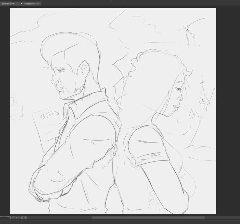 A incomplete sketch depicting a man and a long haired woman standing back to back.