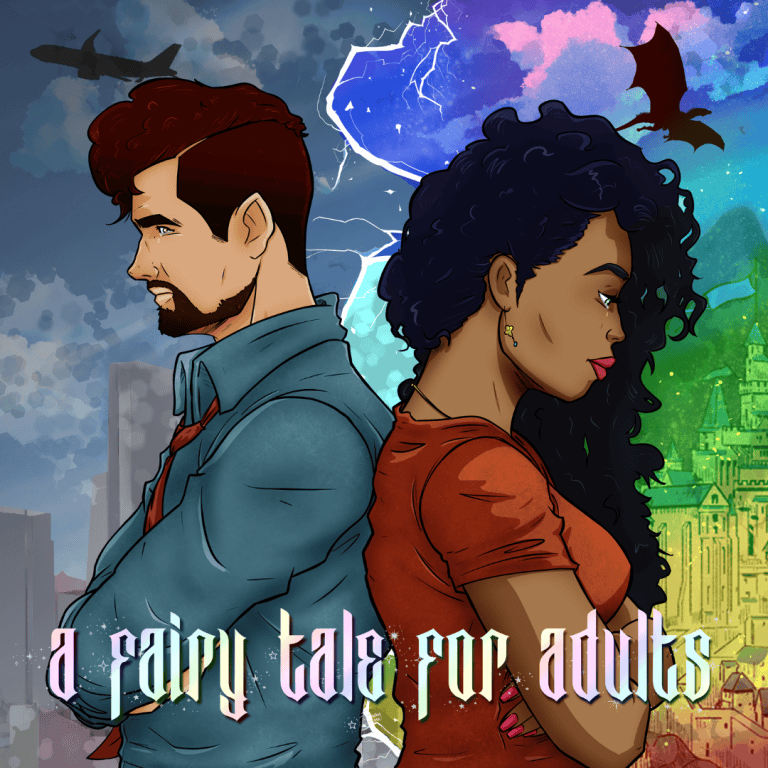 A white man and a black woman stand back to back. The background images are split between the real world on the mans side, and the fantasy world on the woman's side. the text is medieval style and colorful.