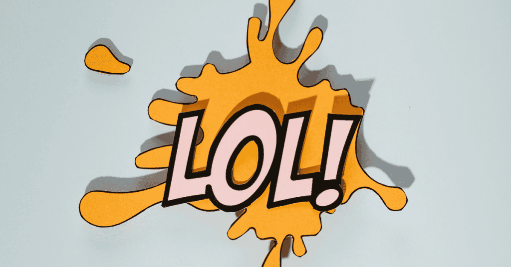 LOL in a fun font with an exclamation point at the end with a yellow splatter behind it
